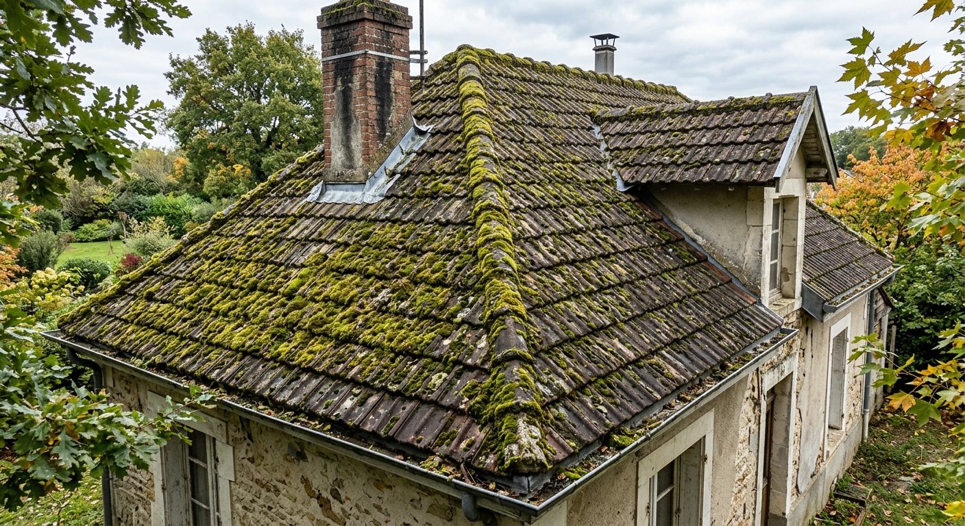 Toiture envahie par la mousse avant nettoyage à Lille (59)